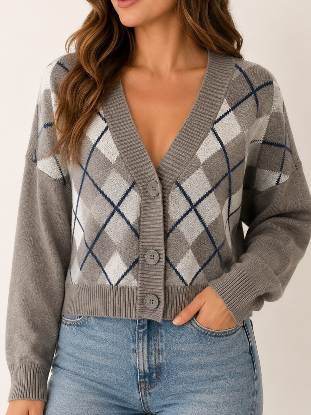 Hollister Gray Argyle Cardigan Sweater Size Medium | Preppy Academia Coquette